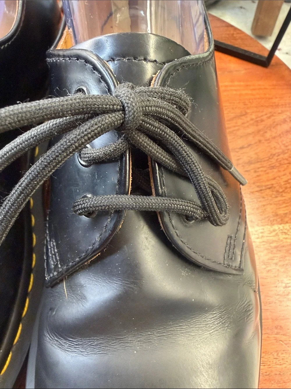 Dr. Martens Black Leather Derby Shoes with Yellow Stitching